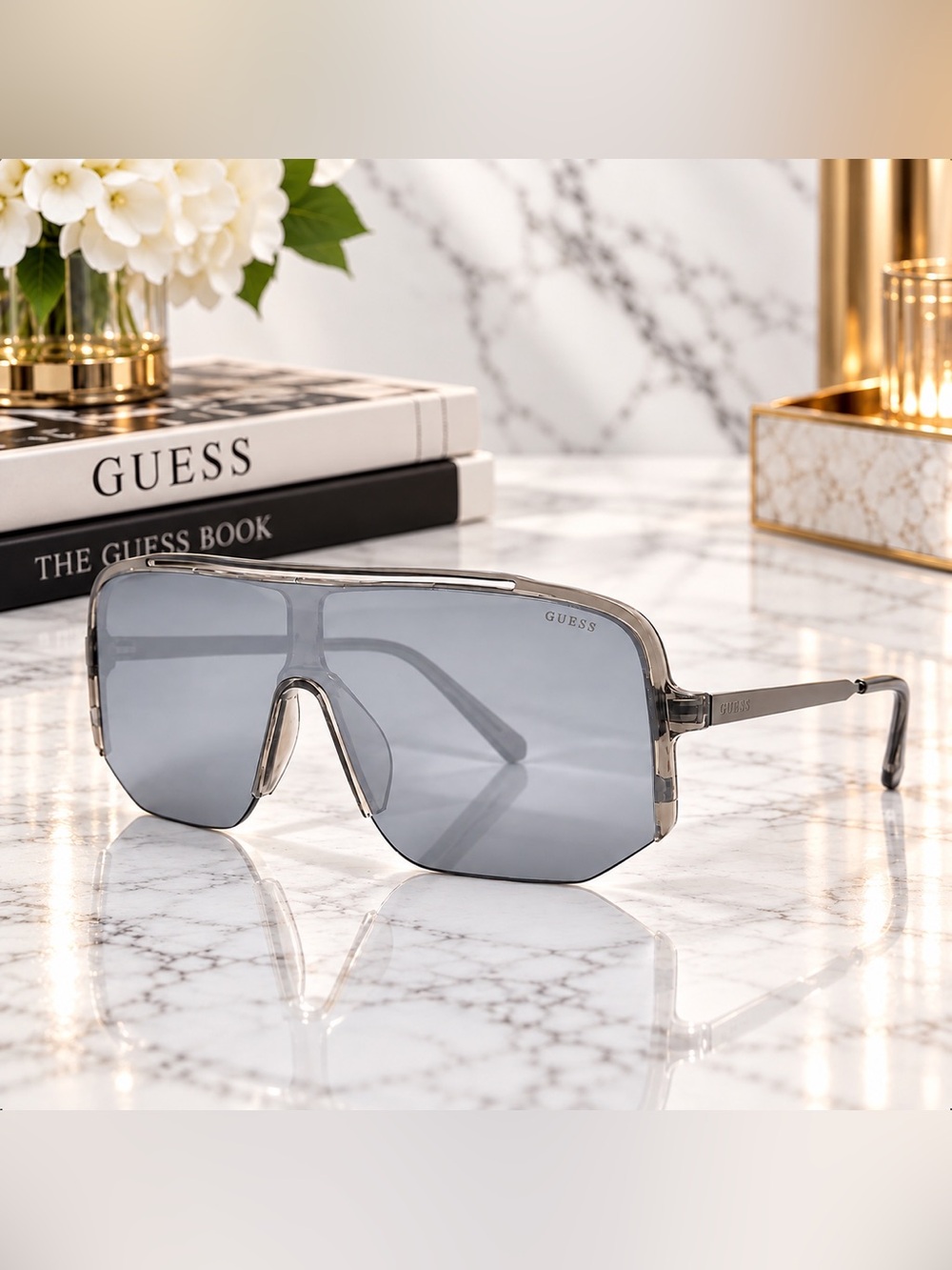 Guess Smoke Mirror Shield Men’s Sunglasses Oversized Wrap Shield Silver New